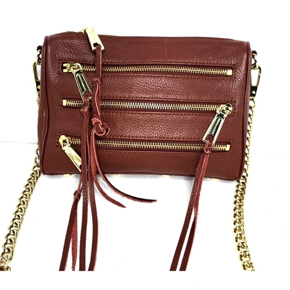 Rebecca Minkoff Mini 5 Zip Crossbody Genuine Leather Purse Bag Moto WHISKEY RED - Picture 1 of 14